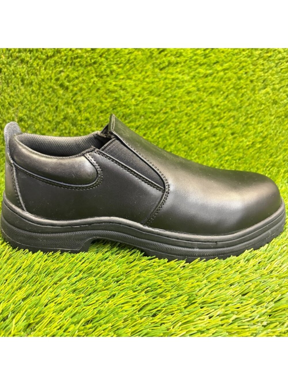 SlipGrips Mens Size 9 Black Leather Slip-Resistant Slip-On Steel Toe Work Shoes